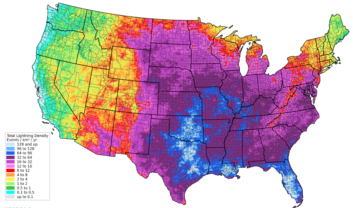 平均美国总闪电密度，2015-2019，检测到超过10亿的事件