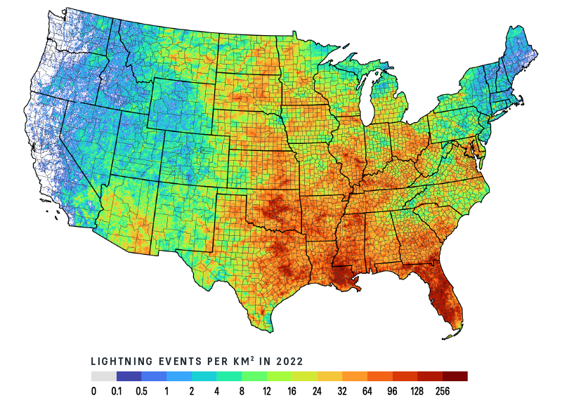 2022年在美国地图闪电密度
